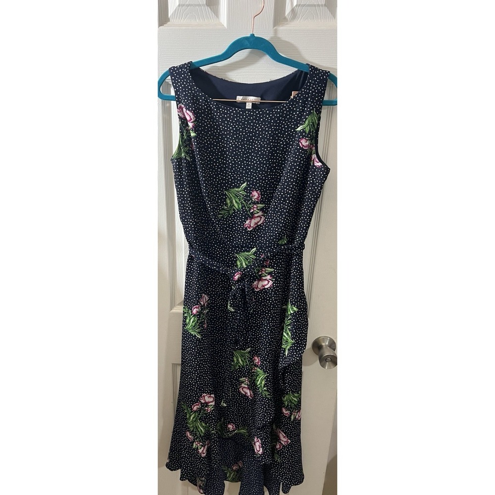 Sandra Darren Women's Size 10 Hi~Lo Zip Wrap Dress Lined Navy Mini Polka Dot EUC